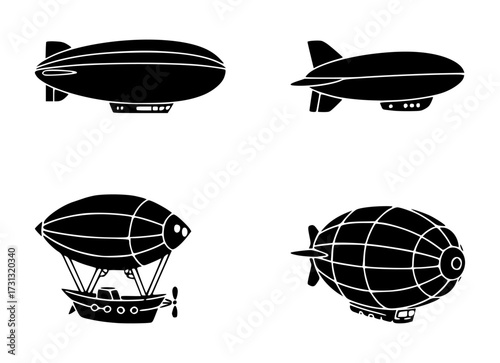 set of airship silhouettes, isolated background