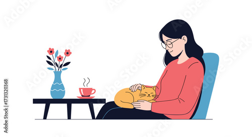 A woman in glasses holding a sleeping cat while drinking tea. This is a cozy scene.