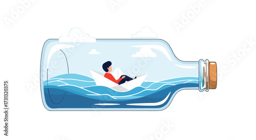 A solitary figure finds peace and reflection aboard a paper boat within a glass bottle.
