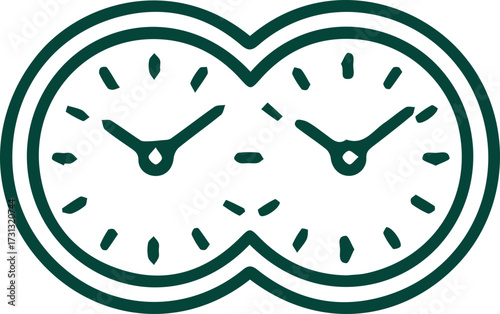 Interconnected dual time zone clocks symbolizing global presence and efficient time management