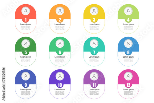 For business concept with 12 steps infographics, rectangle shape with multicolor label, design for workflow layout, diagram, annual report, web design. vector illustration