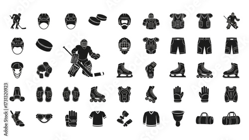 Ice Hockey Icon Set – Minimalist Black Silhouette Icons of Players, Goalie, and Equipment in Vector Style
