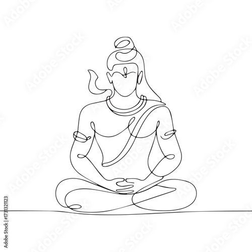 Continuous Simple black line art drawing of a lord shiva in a minimalist style on a white background.