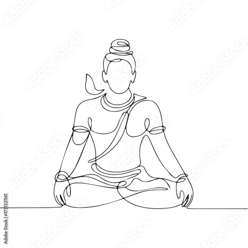 Continuous Simple black line art drawing of a lord shiva in a minimalist style on a white background.