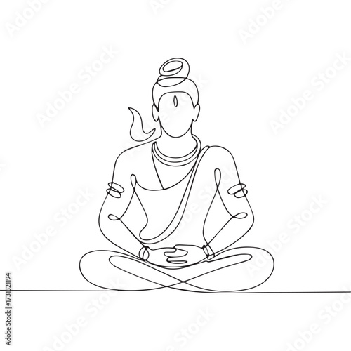 Continuous Simple black line art drawing of a lord shiva in a minimalist style on a white background.