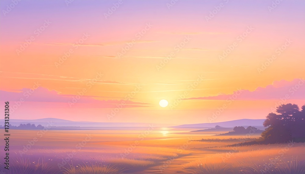 Obraz premium Serene Sunrise Landscape Peaceful Dawn Golden Mist.