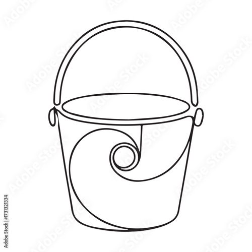 Continuous Simple black line art drawing of a bucket in a minimalist style on a white background.