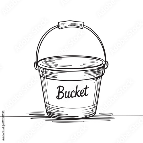 Continuous Simple black line art drawing of a bucket in a minimalist style on a white background.