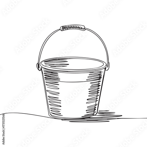 Continuous Simple black line art drawing of a bucket in a minimalist style on a white background.