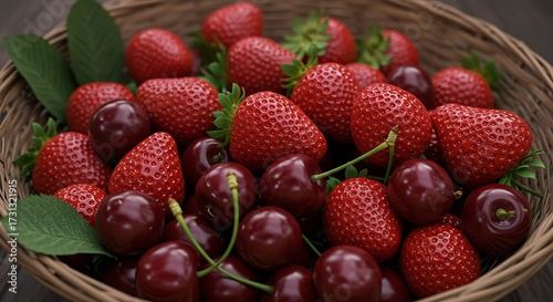 Fresh strawberries and cherries in woven basket close up