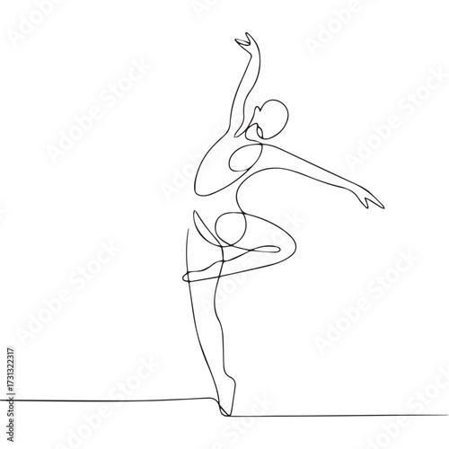 Continuous Simple black line art drawing of a Gymnast dancer in a minimalist style on a white background.