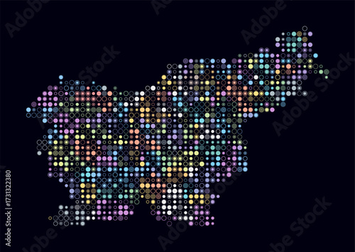Slovenia, shape of the country build of colored cells. Digital style map of the Slovenia on dark background. Small size circle blocks. Classy vector illustration.