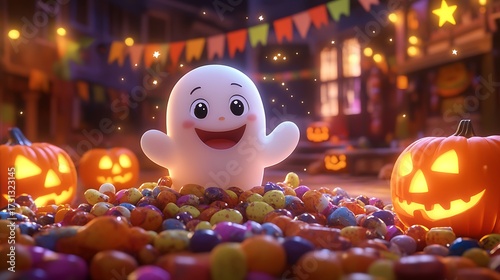 Wallpaper Mural A playful cartoon ghost with a happy expression floating over a pile of Halloween candy, surrounded by glowing pumpkins and festive banners, bright stars twinkling in the background. Torontodigital.ca