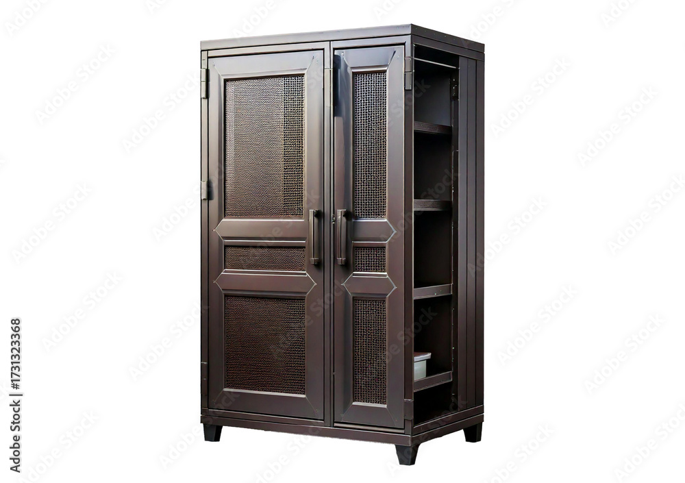 Fototapeta premium Modern metal storage cabinet with double doors, ideal for organizing tools and supplies isolated on a transparent or white background.
