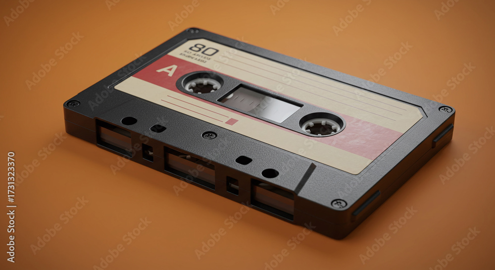 Fototapeta premium A retro audio cassette tape with a vintage label design, a symbol of analog music media.Concept of retro music and analog technology.