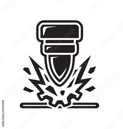 Black and white graphic icon of a drill bit impacting a gear with explosive shards explosion
