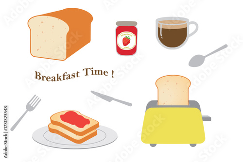 Breakfast with toast theme vector illustration. bread, jam, coffee, toaster, spoon, fork and knife set cartoon or clip art.