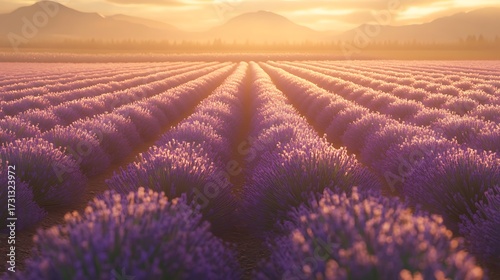 Stunning sunset over vast lavender field with rows of purple flowers meeting golden sky for serene peaceful nature landscape scenic beauty inspiration concept