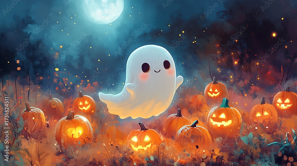 custom made wallpaper toronto digitalAn adorable ghost floating over a candy-covered pumpkin patch, glowing jack-o'-lanterns illuminating the misty background, soft moonlight shining down, playful Halloween vibe.