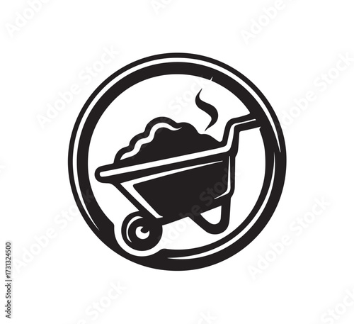 Black and white graphic icon of a wheelbarrow filled with soil and steam rising dirt