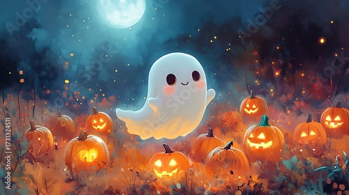 Wallpaper Mural An adorable ghost floating over a candy-covered pumpkin patch, glowing jack-o'-lanterns illuminating the misty background, soft moonlight shining down, playful Halloween vibe. Torontodigital.ca