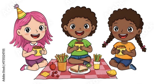 Diverse children enjoying a picnic with snacks and celebratory elements