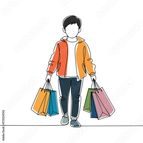 Continuous Simple black line art drawing of a kid holding shopping bag in a minimalist style on a white background.