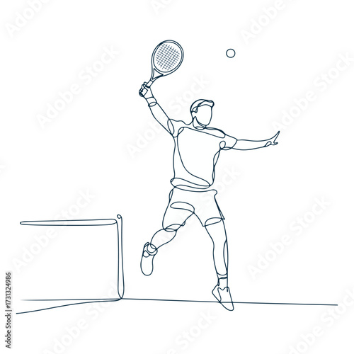 Continuous Simple black line art drawing of a tennis player in a minimalist style on a white background.