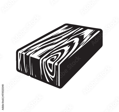 Black and white graphic illustration of a rectangular wooden block with visible wood grain texture pattern