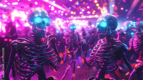 Wallpaper Mural Skeletons in funky costumes dancing at a neon-lit Halloween club, glowing confetti floating through the air, spooky holographic decorations on the walls, electric atmosphere all around. Torontodigital.ca