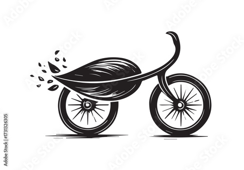 Black silhouette of a bicycle shaped like a leaf with falling leaves bike nature