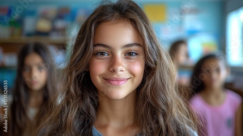 Wallpaper Mural Bright-Eyed Young Girl with Wavy Brown Hair and Freckles Smiling Confidently in a Blurred Classroom Torontodigital.ca