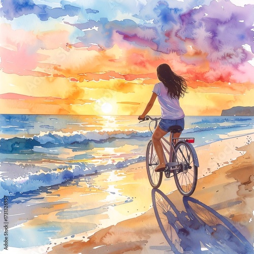 Dynamic Watercolor: Woman Cycling by Ocean Waves at Golden Sunset