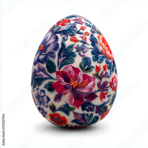 Decorative Floral Easter Egg with Vintage Botanical Pattern Isolated on White