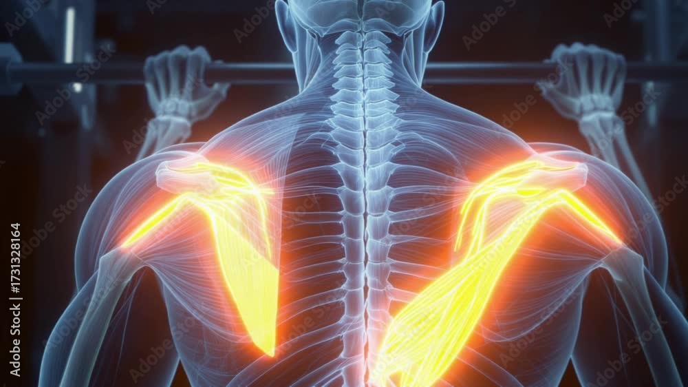 Human back muscles highlighted during pull-up exercise anatomy view ...