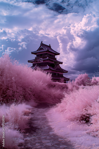 Historic Japan Castle with Cherry Blossom Scenery and Peaceful Water View