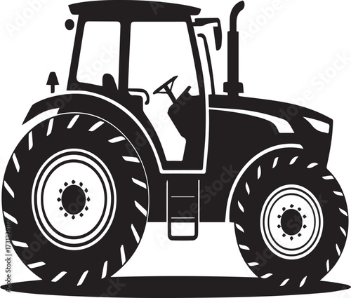 Black silhouette of a modern farm tractor with large tires and cab agriculture vehicle