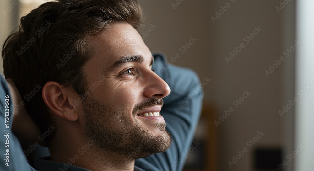 Obraz premium A man with a relaxed expression smiles, symbolizing a feeling of satisfaction and well-beingConcept of success and professional fulfillment