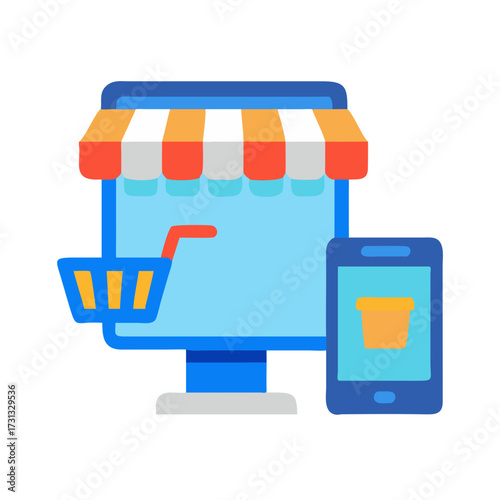 Flat illustration of online shopping with computer and mobile