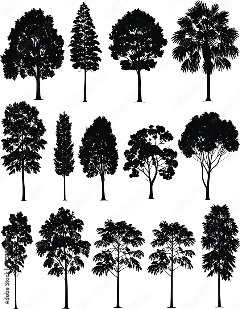 Fototapeta premium Collection of sixteen diverse tree silhouettes