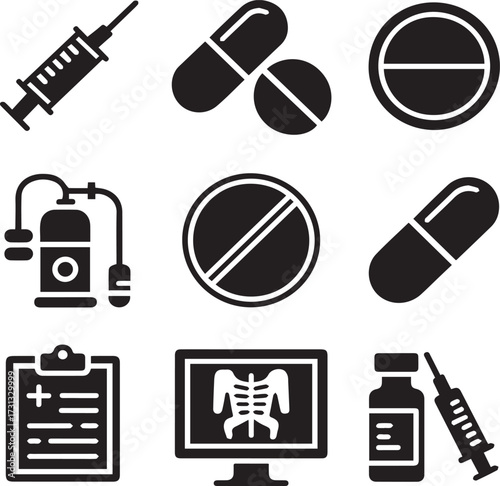 Collection of black medical icons including syringe pills oxygen tank x ray and clipboard healthcare