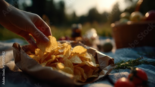Hand reaching into bag of golden potato chips on picnic blanket with fresh vegetables and basket in background, outdoor summer snack scene in warm sunlight