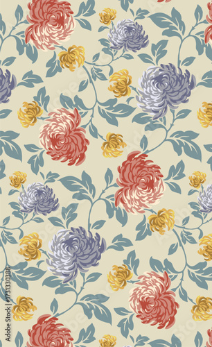 Abstract solid vector textile design, arrangement with three-tone chrysanthemum flower, all-over seamless pattern with gray, orange, and yellow tone color illustration, digital image printing factory
