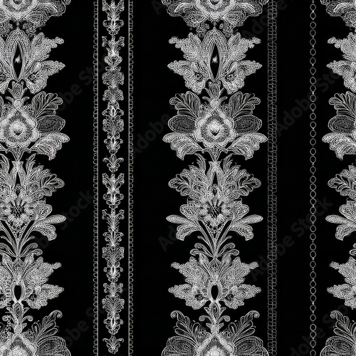A black and white seamless luxury floral tattoo pattern featuring intricate baroque style motifs, ornate flora,