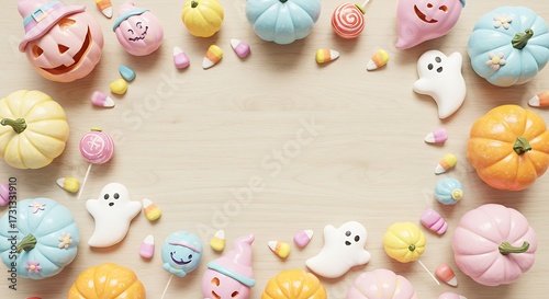 Halloween decorations overhead view with pumpkins candy and ghost figures