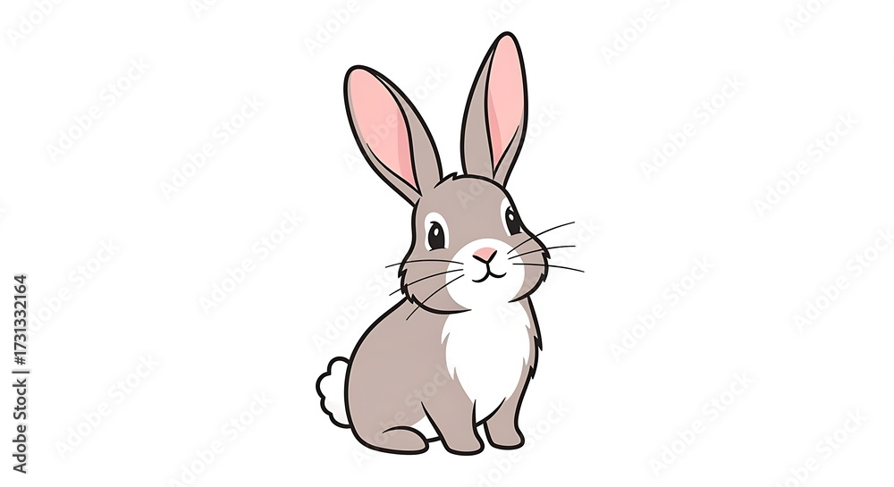 Obraz premium Cartoon Rabbit Sitting Upright with Long Ears and Fluffy Tail