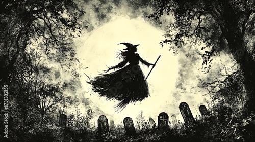 Wallpaper Mural A spooky Halloween scene, witch with tattered robes flying on a broomstick, silhouetted by a full glowing moon, foggy graveyard below with crooked gravestones, black cats peeking through the mist, Torontodigital.ca