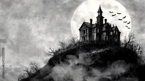 Wallpaper Mural A spooky haunted mansion, vintage hand-drawn style, crooked architecture, cracked windows, jagged fence, located on a hilltop with gnarled trees below, full moon illuminating the scene, Torontodigital.ca