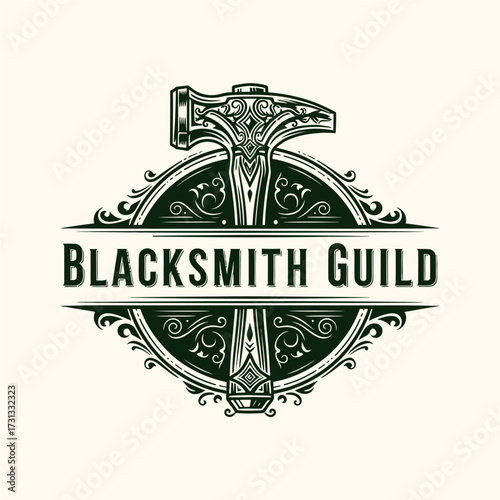 Vintage ornate blacksmith guild logo with a decorative hammer and elegant scrollwork, featuring the text 'BLACKSMITH GUILD' in a classic design.