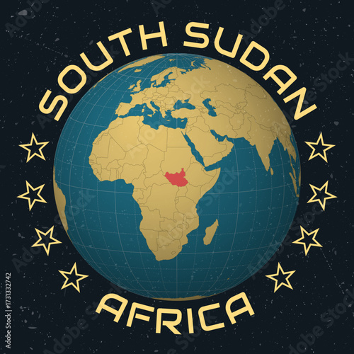 South Sudan on Globe. Country name round text. Vintage look with grunge scratched texture. Country view on world map in Sky Blue Light Yellow color palette. South Sudan shape on map.